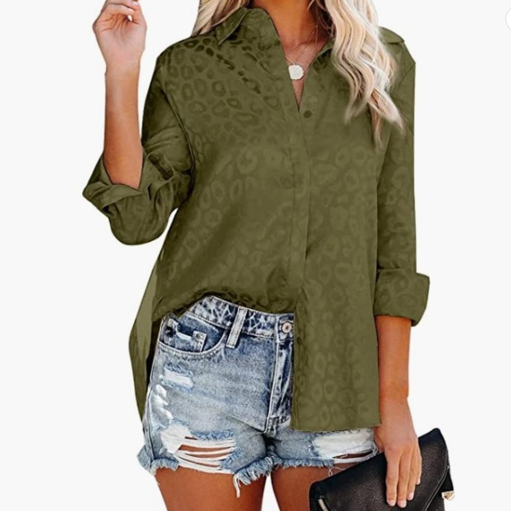Astylish Satin Embossed Leopard Print Button Down M Green